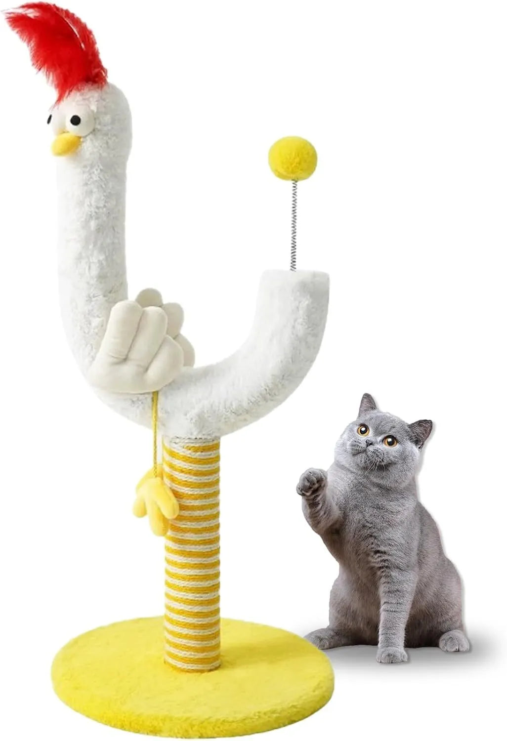Vertical sisal cat scratching post with chicken strip pattern and spring ball