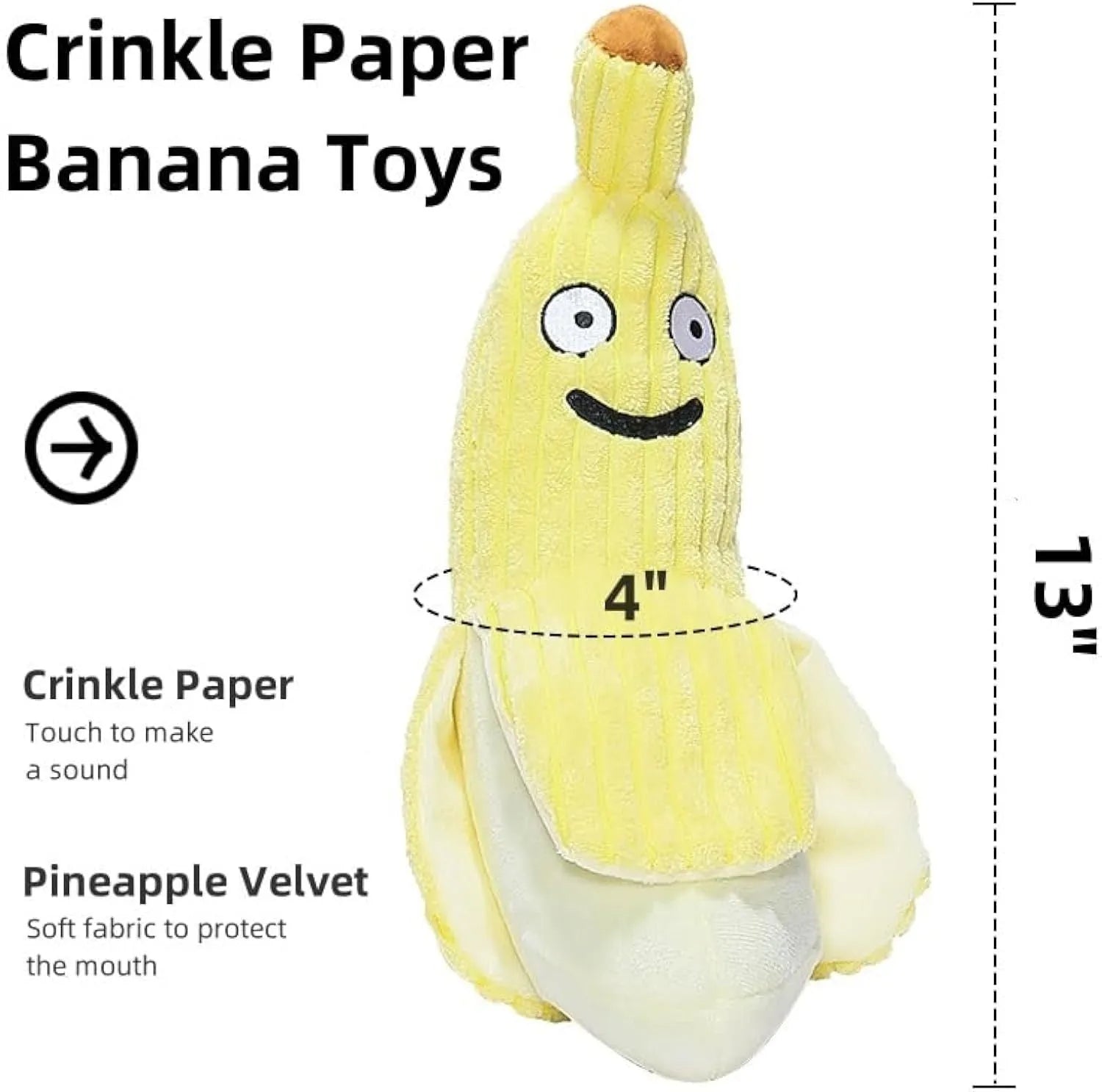 Yellow banana-shaped plush cat toy with crinkle sound feature for chewing and kicking