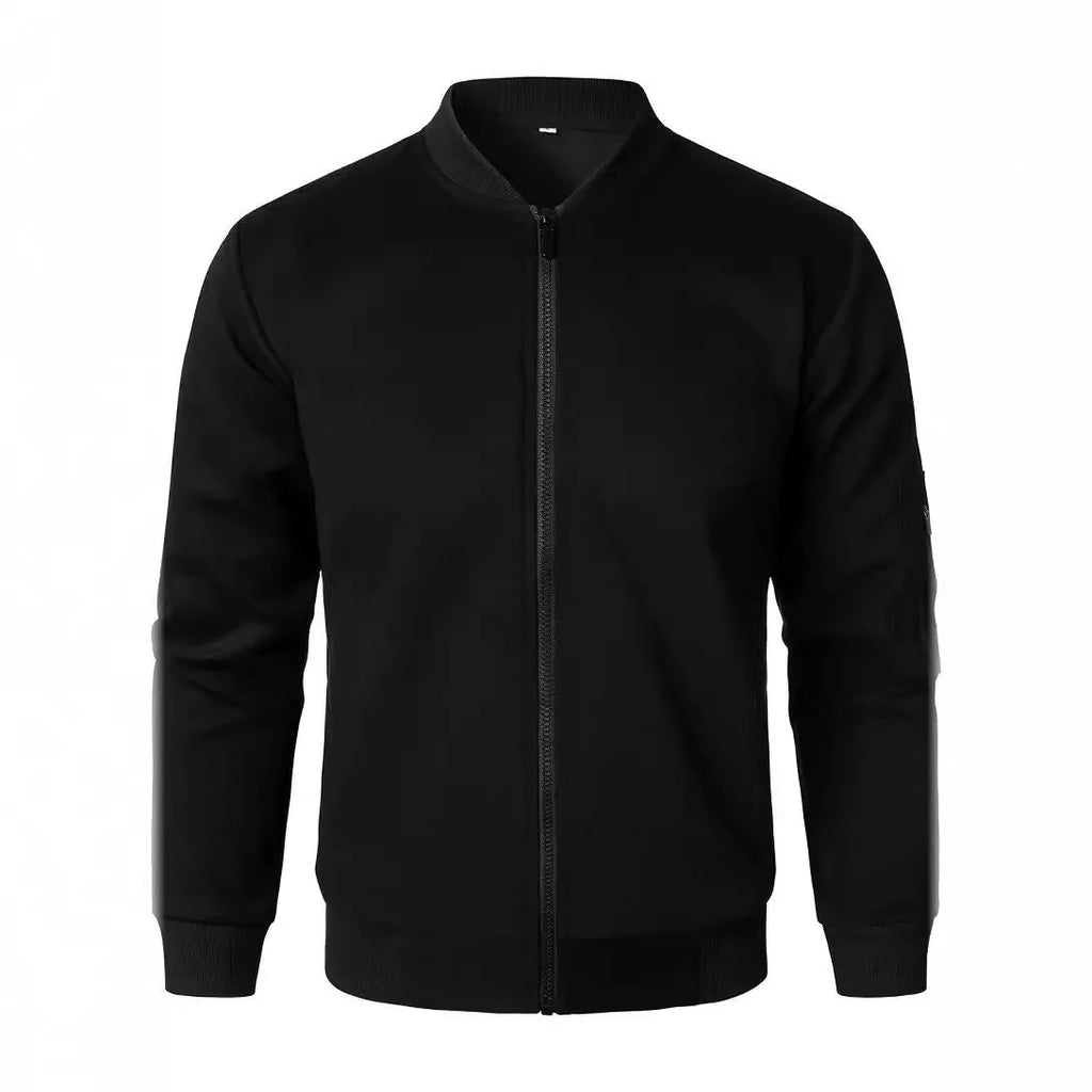 Men's loose fit knitted jacket in grey, showing long sleeves and light business style.