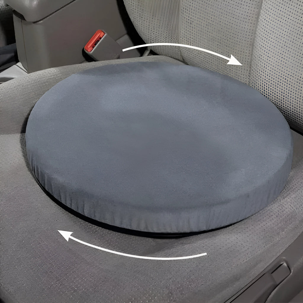 360-degree rotating car seat cushion with a non-slip base, showing short plush cloth cover.