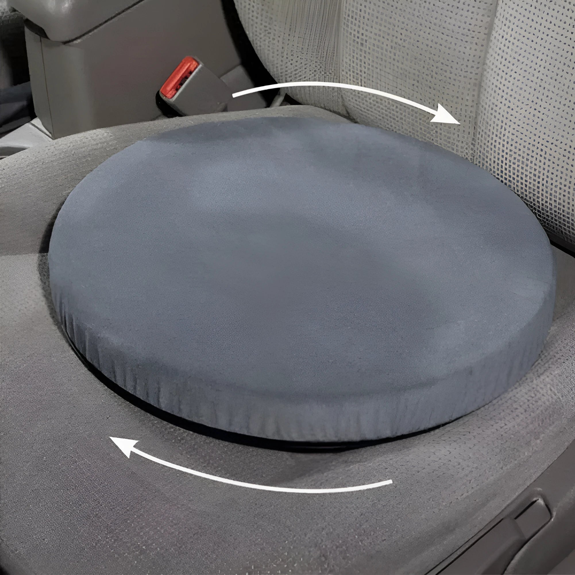 360-degree rotating car seat cushion with a non-slip base, showing short plush cloth cover.