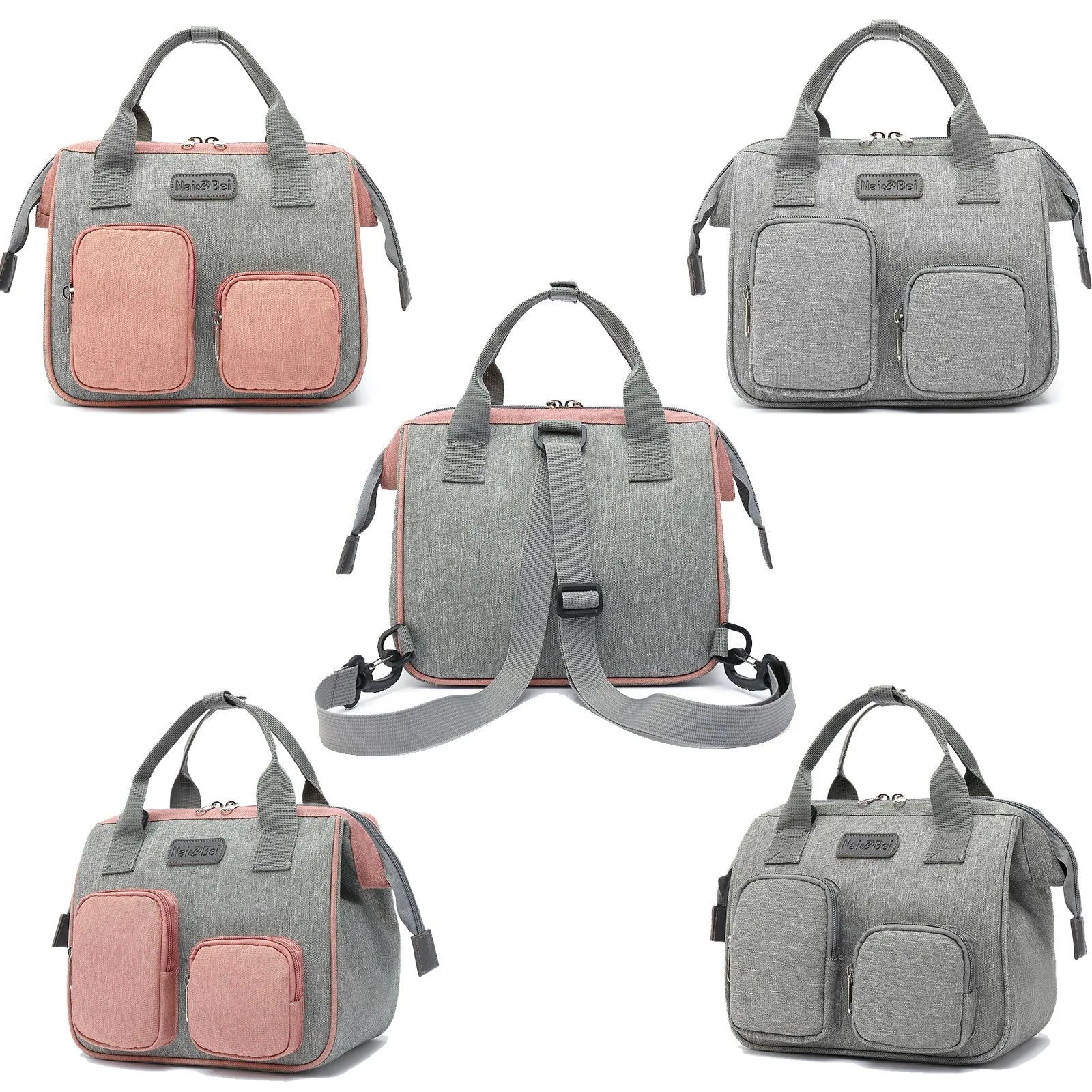 Grey Oxford cloth handbag showing its three-dimensional front pocket and large main compartment.
