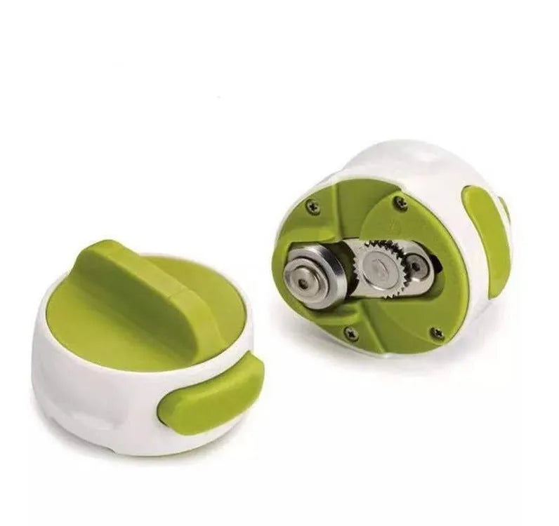 Green and red stainless steel lid opener tool for jars and bottles, 6.7 cm long.
