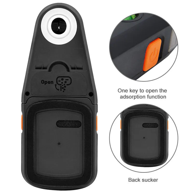 Red electric hammer dust collection cover with integrated laser level and suction bracket.