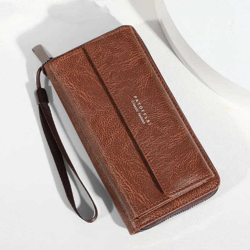 Men's black PU leather long wallet with multiple card slots, showing dimensions.