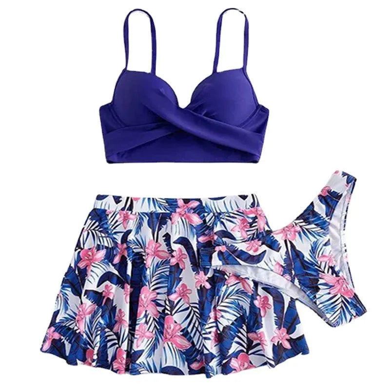 Women's high-waisted three-piece polyester bikini set in three colour options.