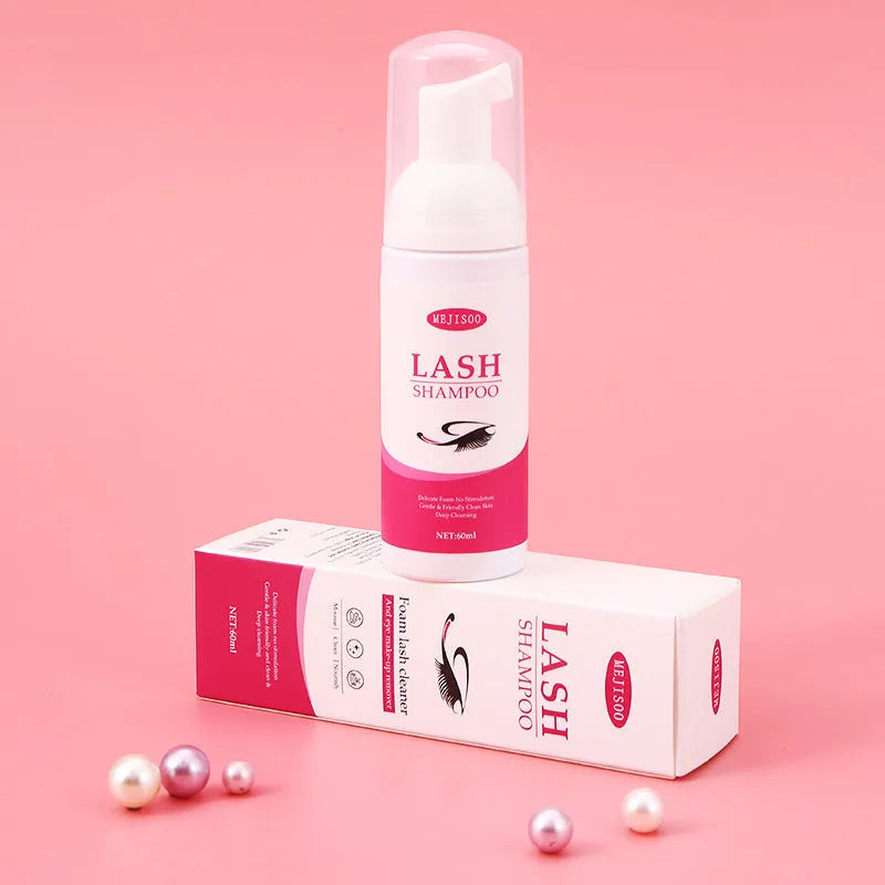 60ml Lash Shampoo Mousse bottle for eyelash cleaning, measuring 3.7cm by 13.5cm.