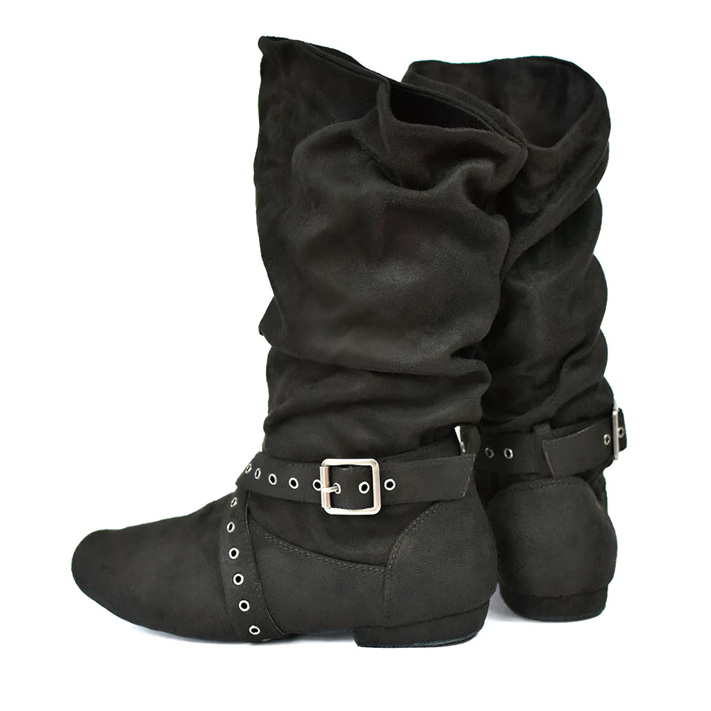 Ladies flat heel canvas pointed toe dance boots in black for line dancing and salsa