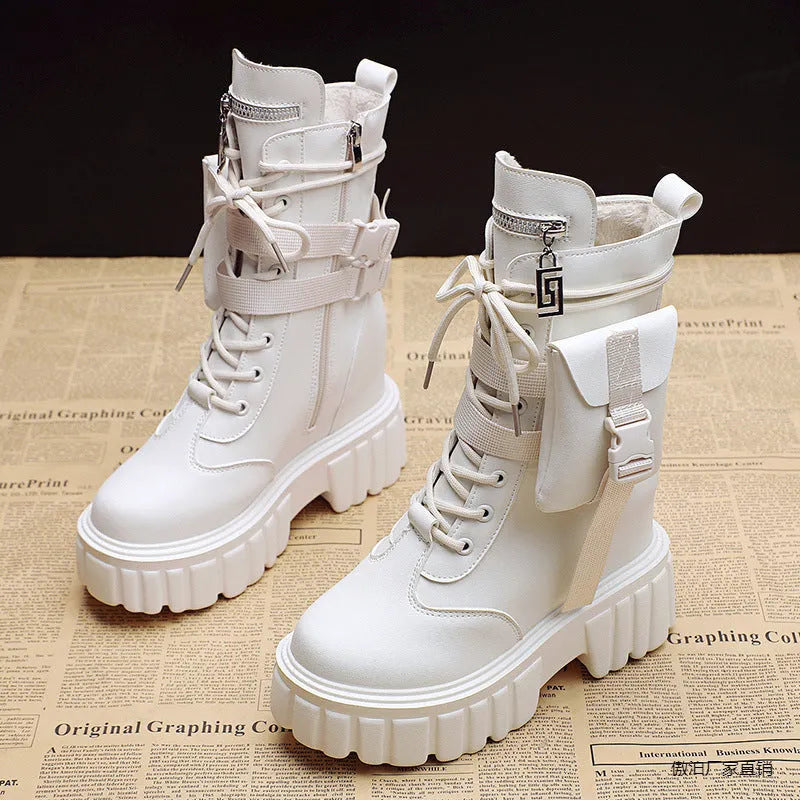 Women's platform mid-calf martin boots in beige with round toe and side zipper