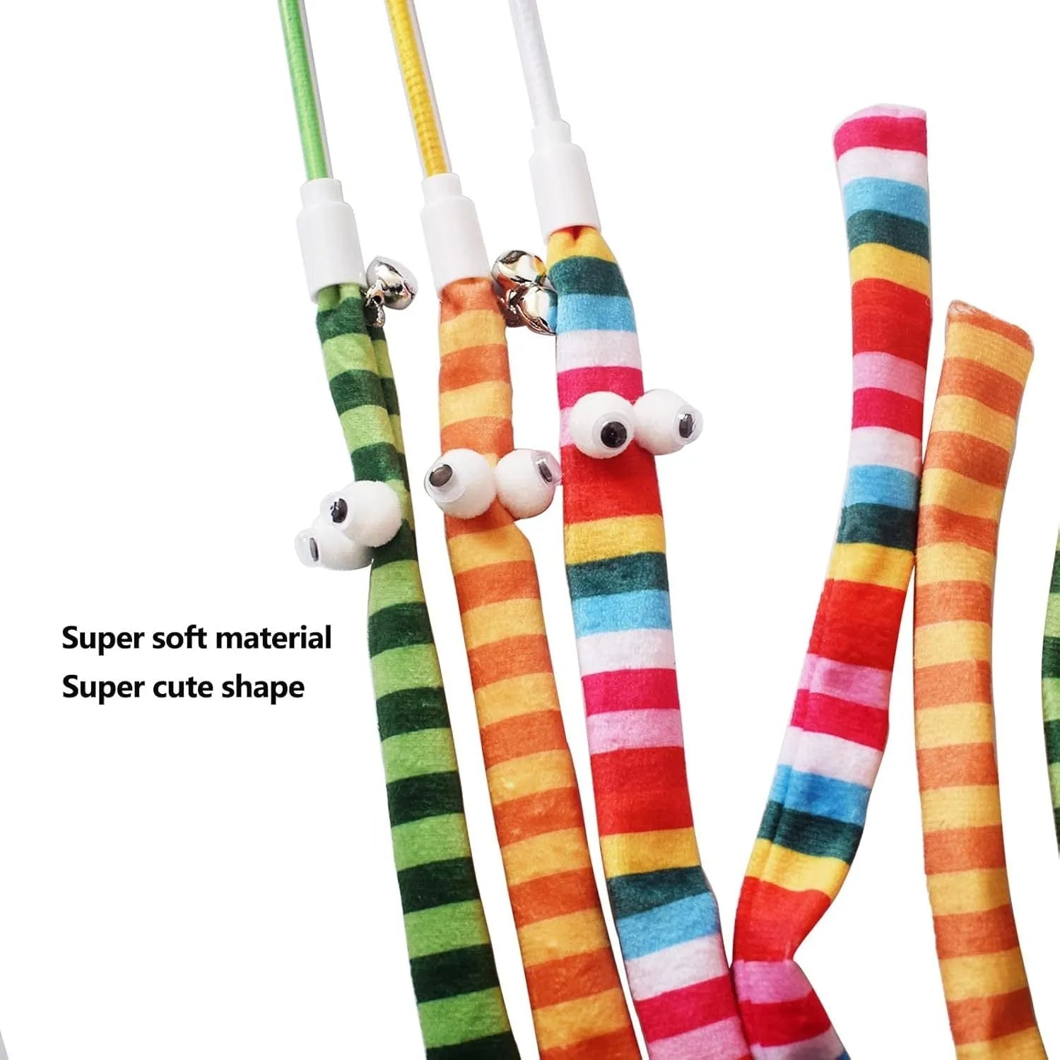 Cat wand teaser toy with colourful plush strip and bell on a polycarbonate pole.