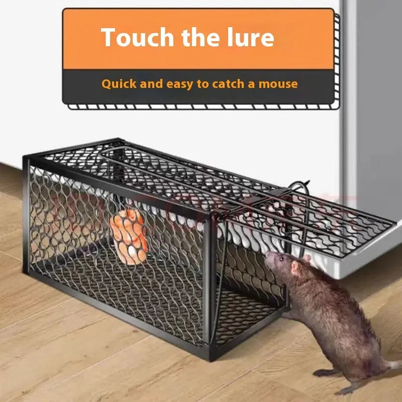 Automatic metal and plastic mouse trap cage shown in small, medium, and large sizes for indoor use.