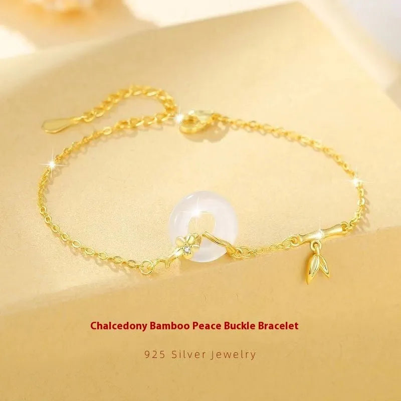 Silver gold electroplated ladies bracelet with starry sky pattern and white chalcedony stone centrepiece