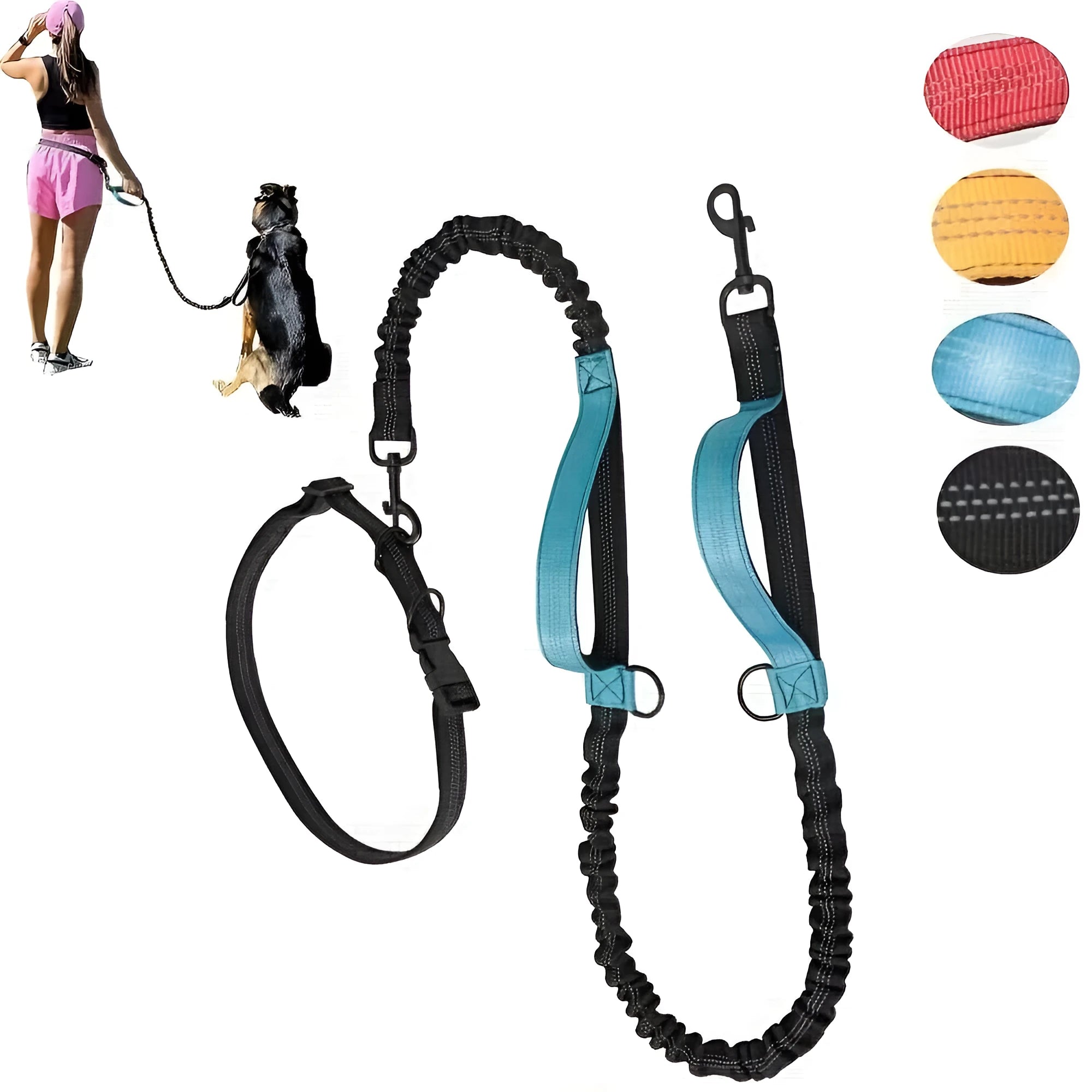 Hands-free dog leash with adjustable waist belt in durable nylon material for running and walking with dogs