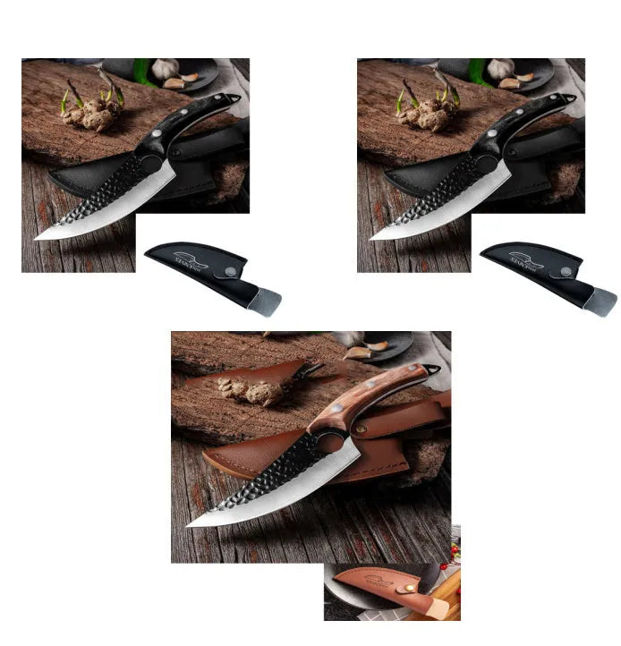 Butcher scimitar knife with curved blade and leather sheath for slaughtering and skinning animals