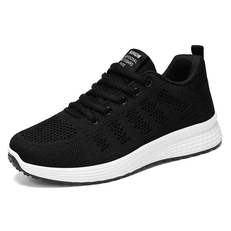 Women's Flyknit running shoes in black, rose red, or grey pink with soft sole and lace-up front.