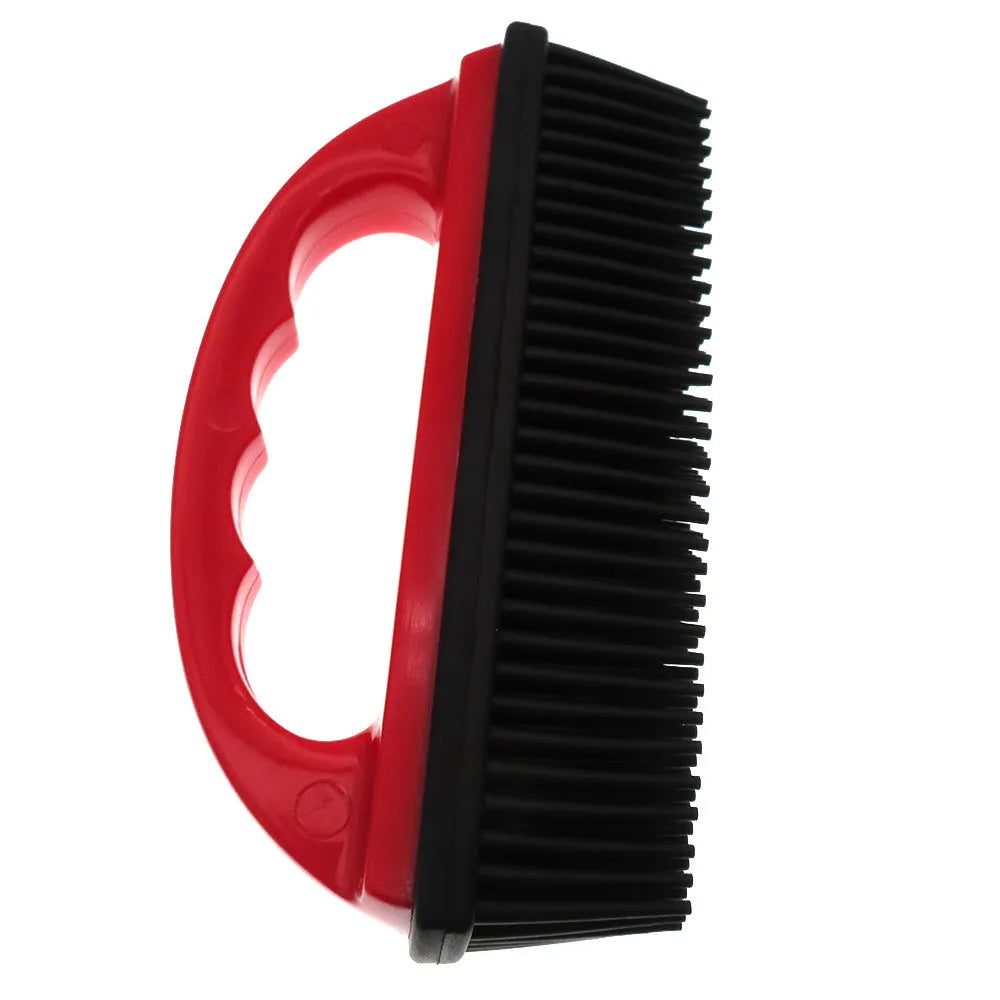 Red pet hair removal brush with silicone bristles for bath grooming and carpet cleaning