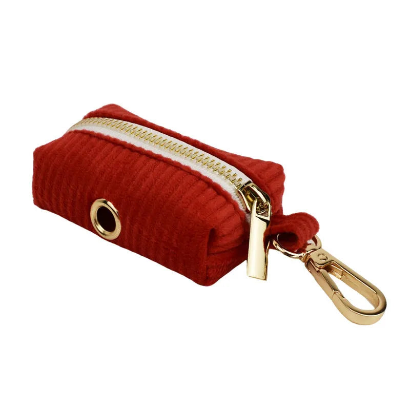 Corduroy dog collar and leash set with matching red bow, vest, and poop bag holder for small to large dogs.