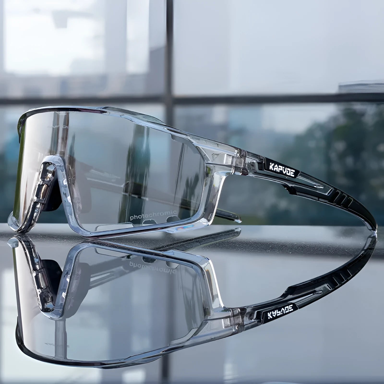 Photochromic cycling sunglasses with a semi-rimless TR90 frame shown in one of 14 available colours.