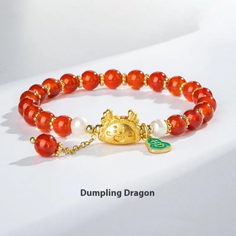 Natural agate bracelet with 8mm diamond-cut beads and dragon zodiac design in five colour options