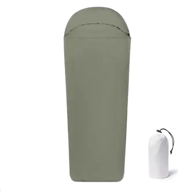 Blue lightweight nylon mummy sleeping bag for adult camping, shown with green colour option.