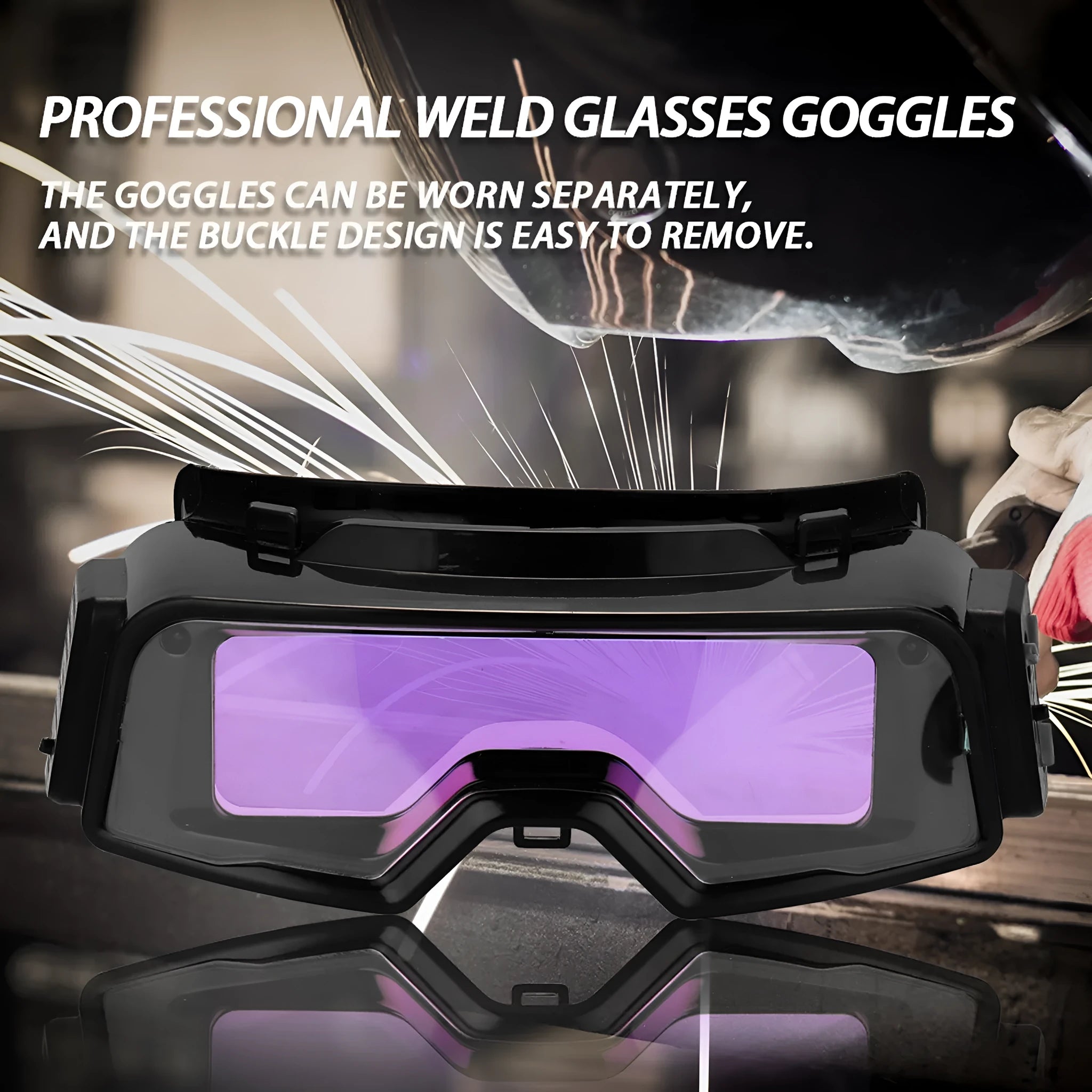 Black automatic darkening welding mask with large viewing lens for arc welding protection.