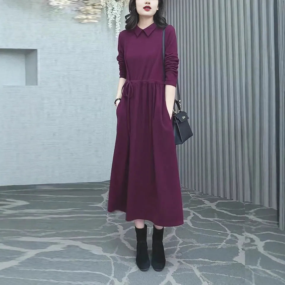 Purplish red plus size dress with extra-long sleeves and long skirt for autumn winter wear