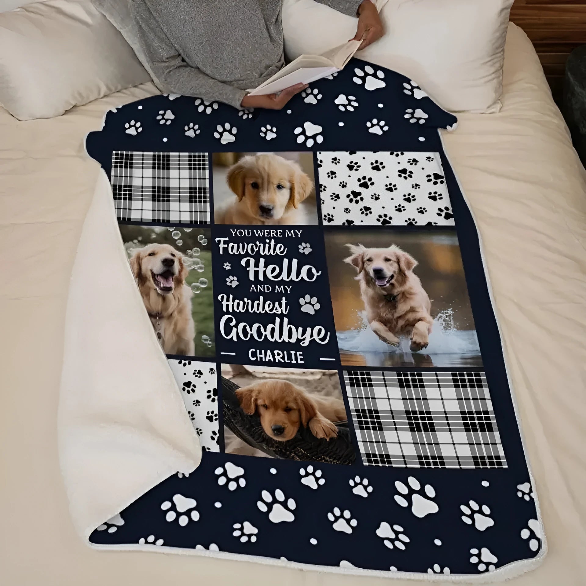White super soft flannel pet dog blanket laid flat, showing its texture, with size options for 80x100cm, 130x150cm, and 150x200cm.
