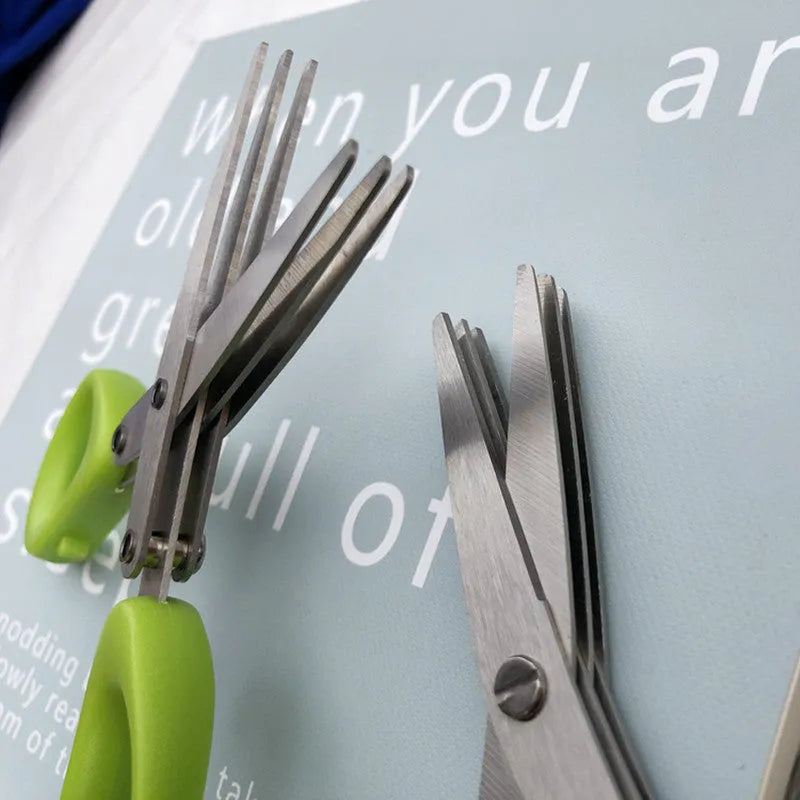 Stainless steel multi-layer onion scissors for cutting herbs and green onions.
