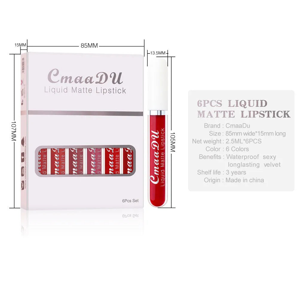 Set of six matte finish waterproof lip gloss tubes in assorted styles, with compact box.