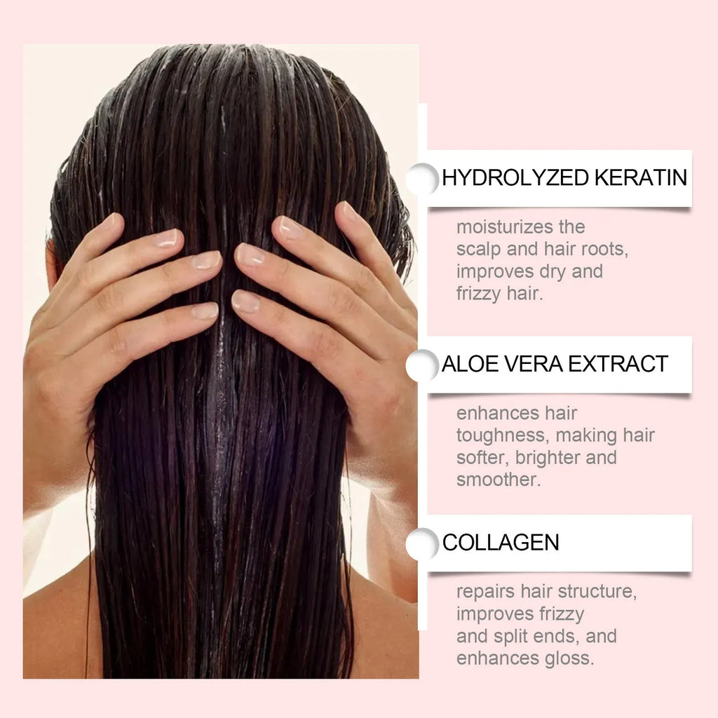 A 5.5cm cube-shaped jar containing 100g of moisturising hair mask with hydrolysed keratin and collagen.