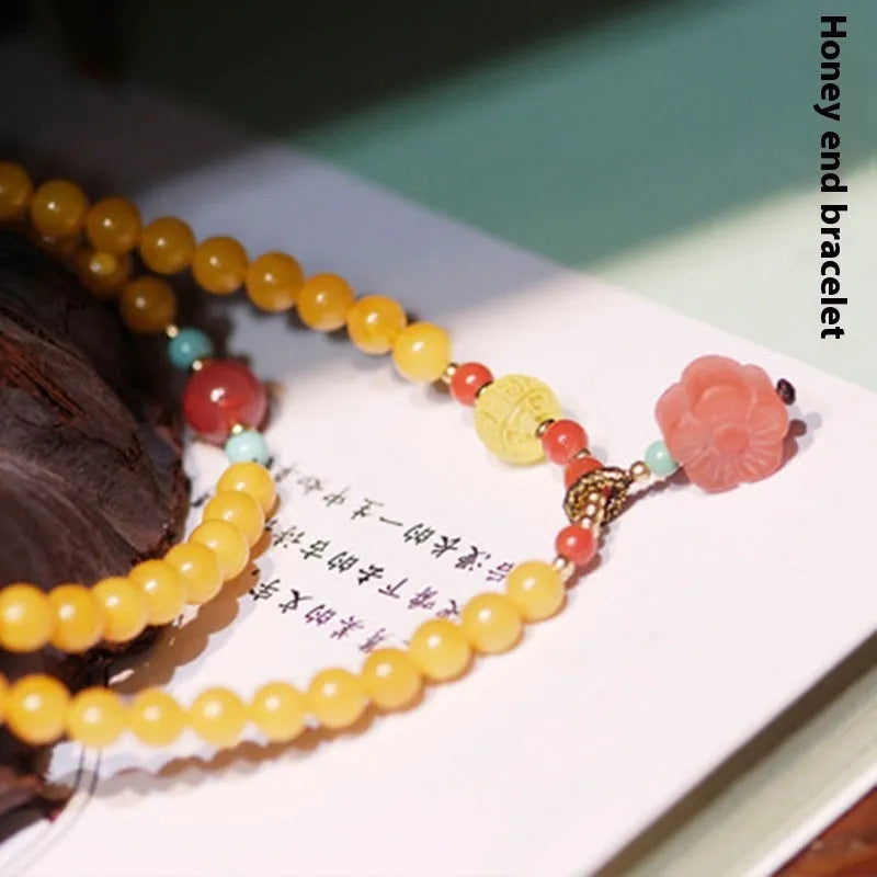 Yellow amber bracelet with 5mm beads and animal zodiac design for women's retro style travel gifts