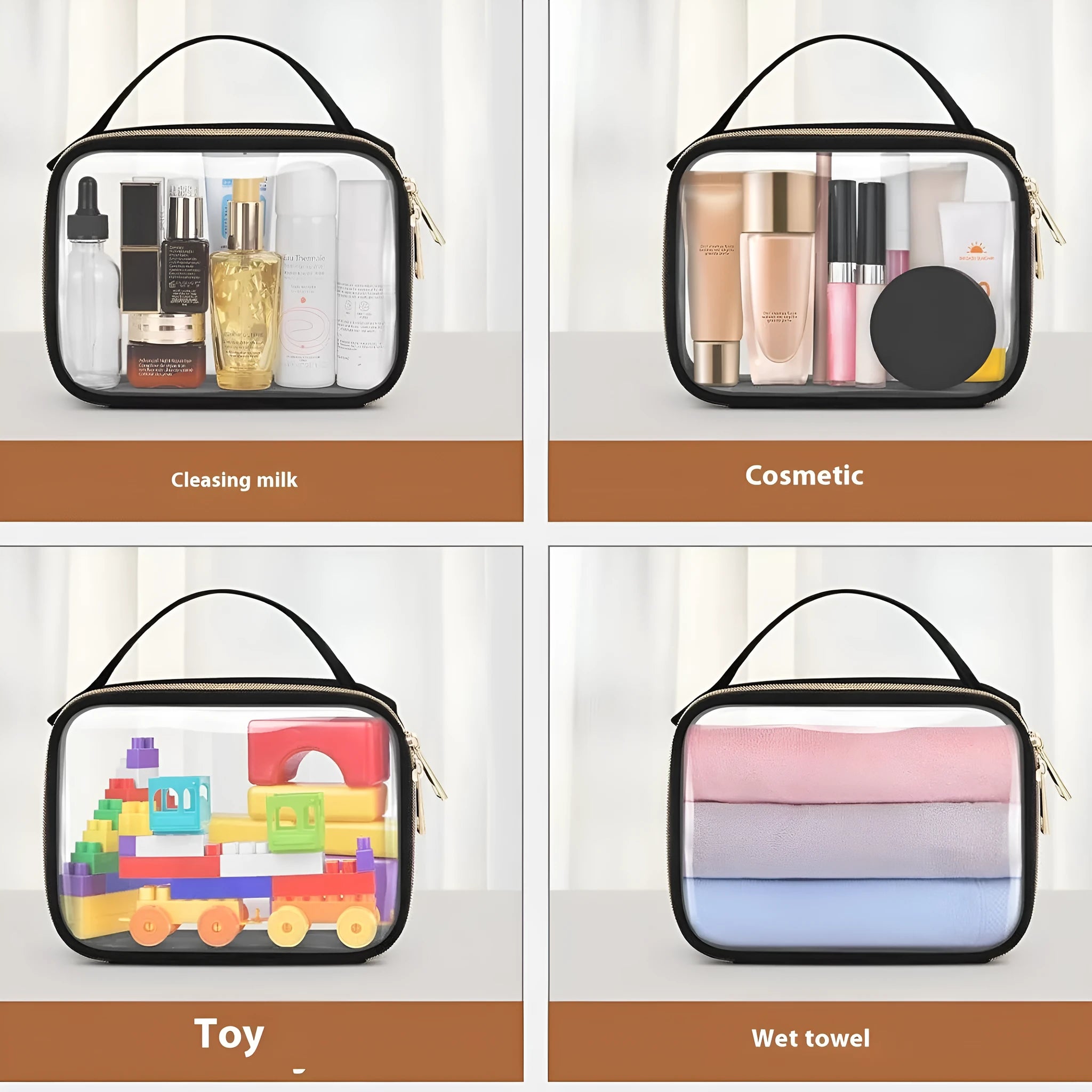 Transparent PVC wash bag with chain hanging, showing lipstick storage through clear material in multiple colour options