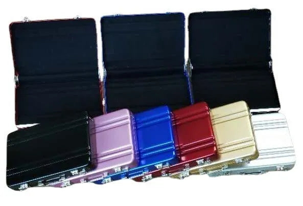 Aluminium alloy card holder in six colour options showing 100x65mm dimensions