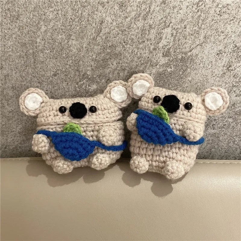 Handmade knitted koala bear backpack design cover for Apple AirPods case.