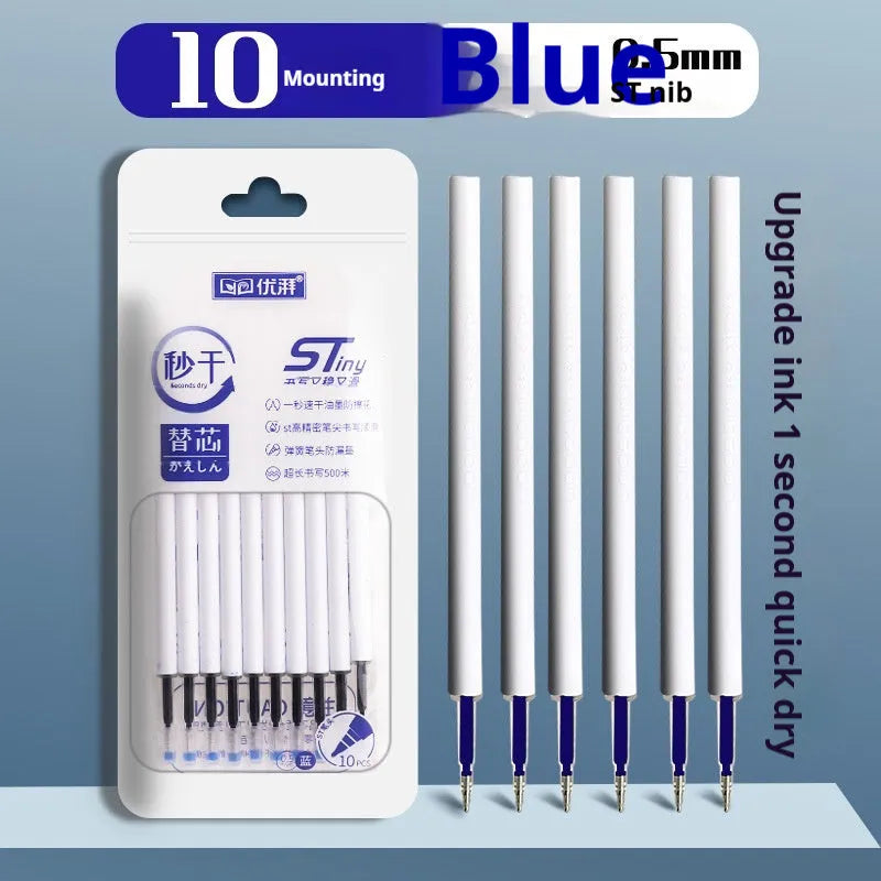 Quick-drying neutral push bullet pen refills in black, blue, red and ink blue colours with 500m writing length