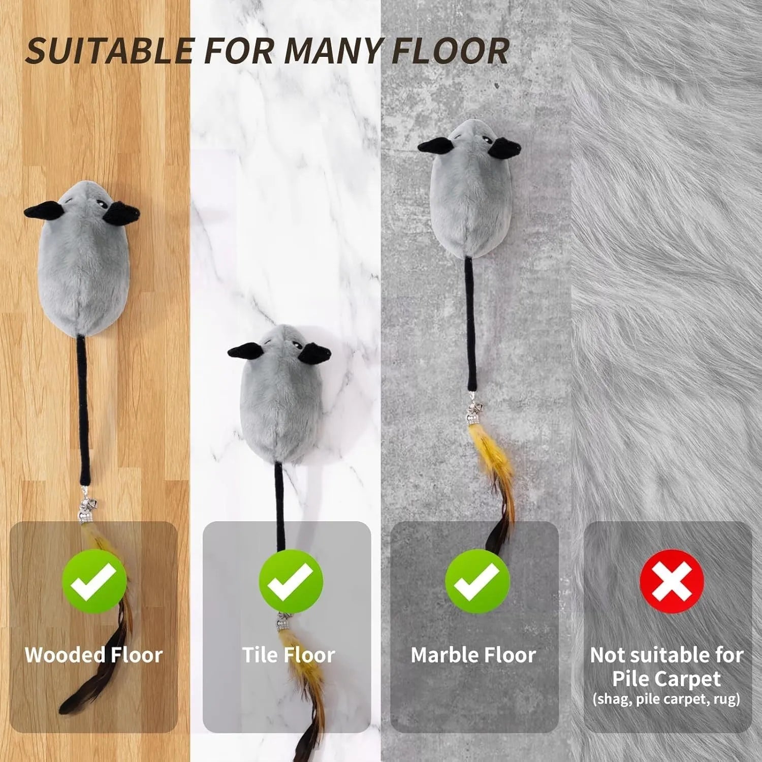 Grey and yellow interactive electronic cat mouse toy with feather tail and LED lights