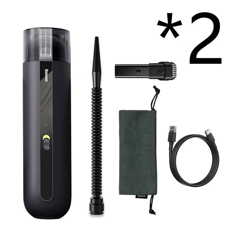 Baseus handheld cordless car vacuum cleaner in black, white, or green with blowing hose accessory.