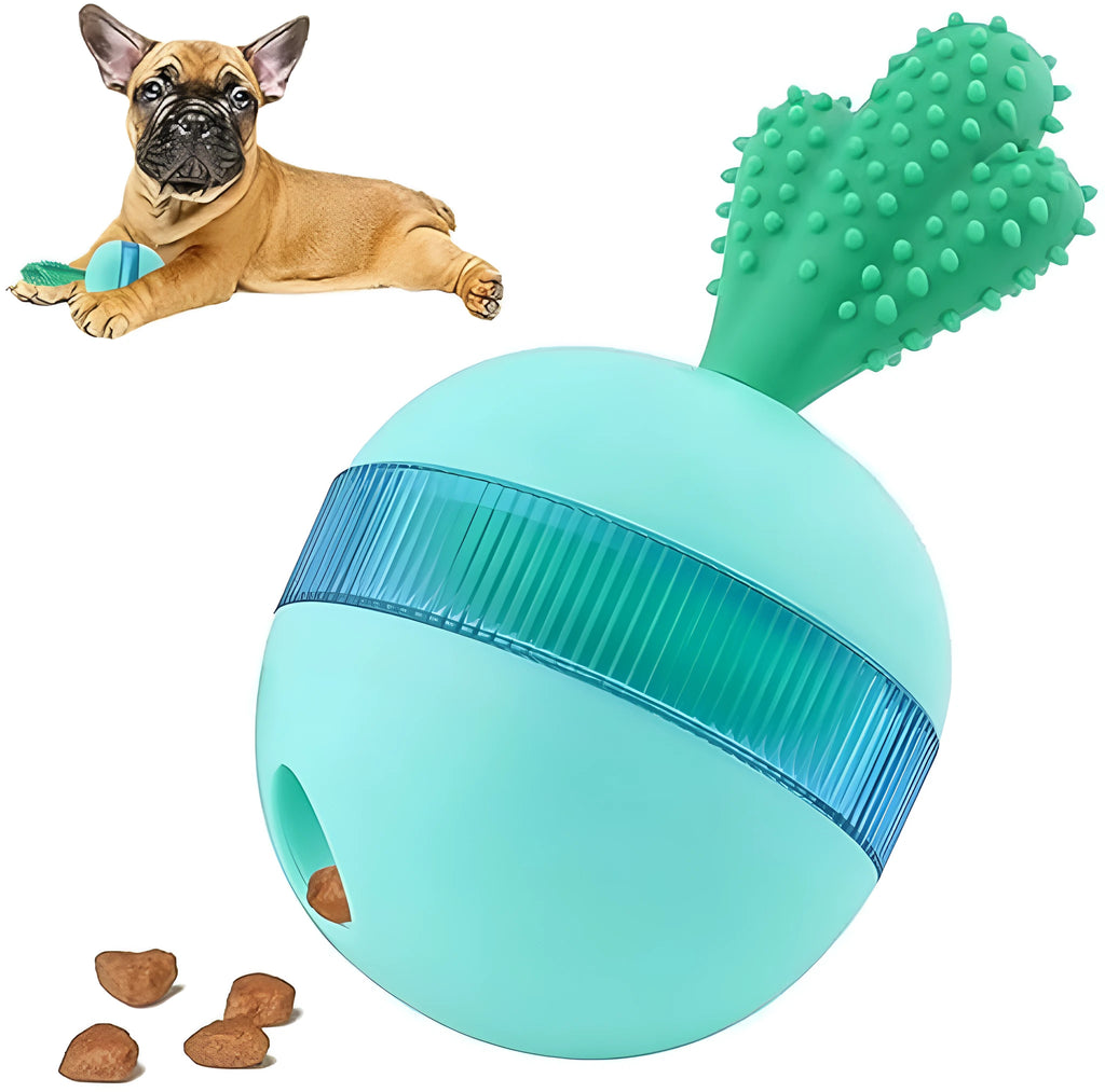 Blue interactive treat dispensing dog toy with tumbler ball design for medium large breeds