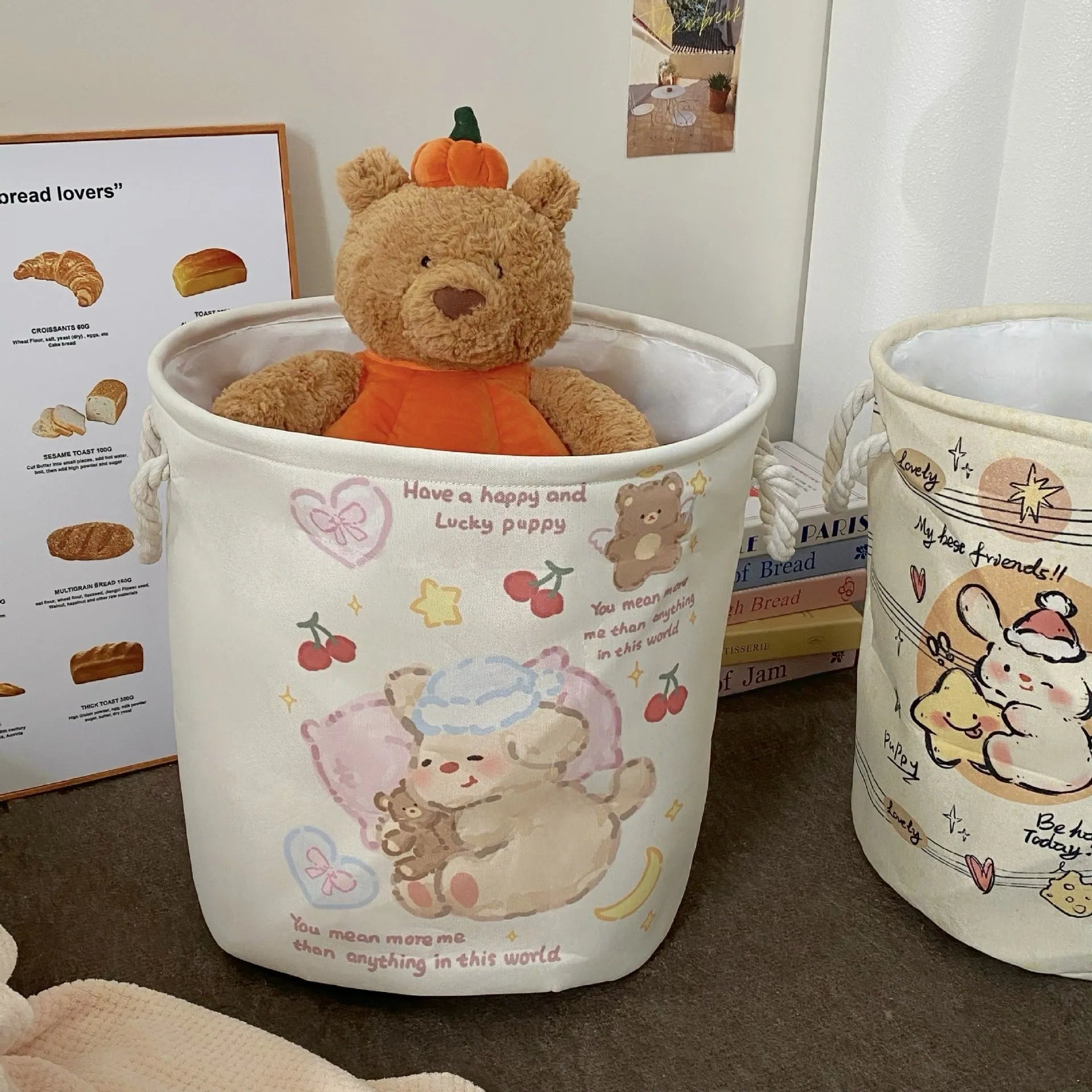 Foldable cotton laundry basket in Baby Bear and Rabbit design collapsed and unfolded showing storage capacity