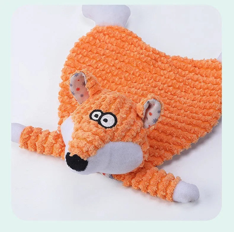Brown velvet pet chew toy shaped like a fox elephant with crinkle paper and squeaker inside