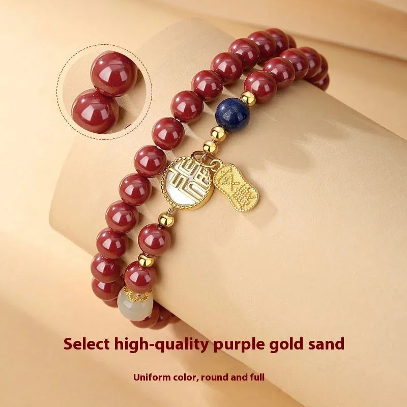 S925 sterling silver bracelet with white shell, red cinnabar, and purple gold sandstone beads and a blessing card charm.