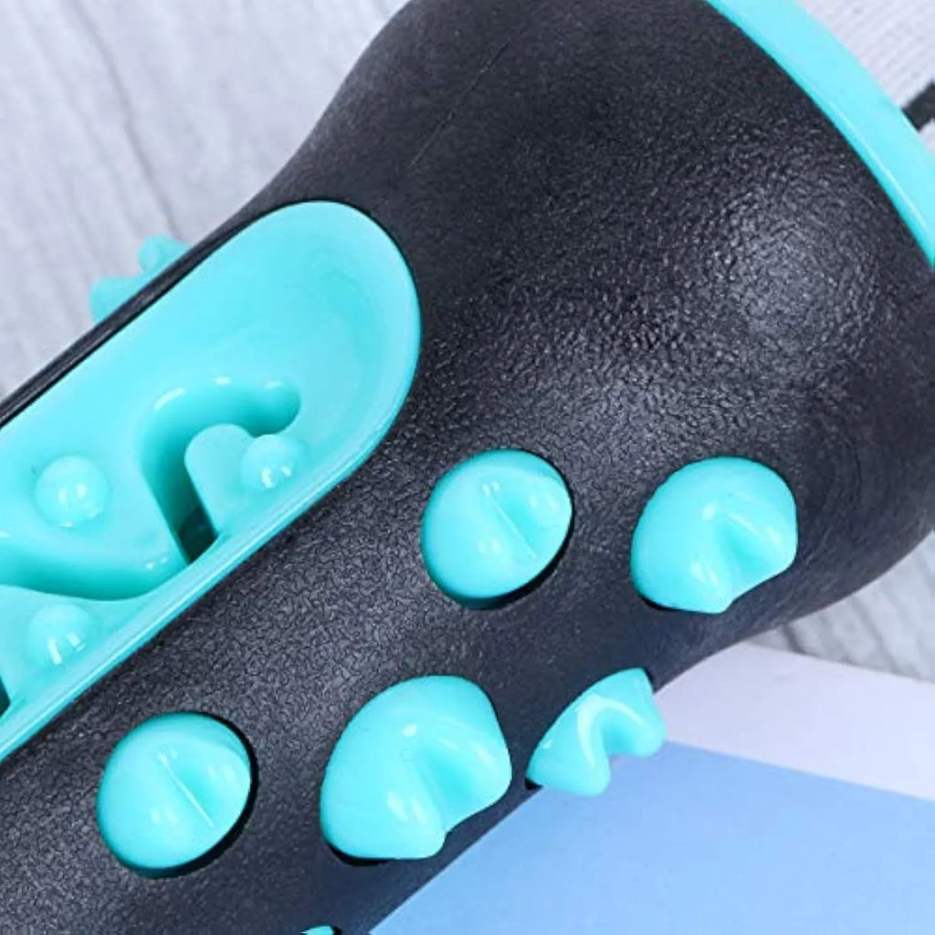 A natural rubber dog toothbrush chew toy in blue, showing its textured surface for dental cleaning.