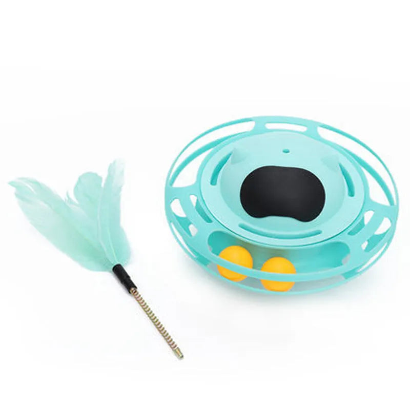 Pink cat stick toy with rotating tumbler turntable measuring 17cm by 10cm