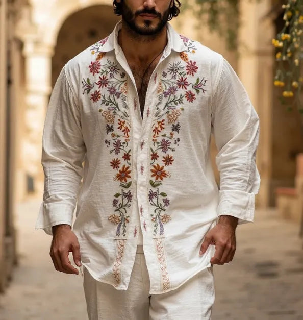 Men's retro pattern long sleeve cardigan in bamboo linen fabric, shown in loose fit.