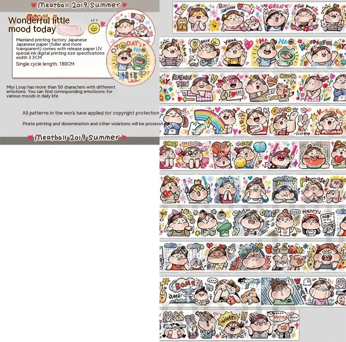 Sheet of cute cartoon character stickers for haemorrhoid tape packaging on Japanese paper.