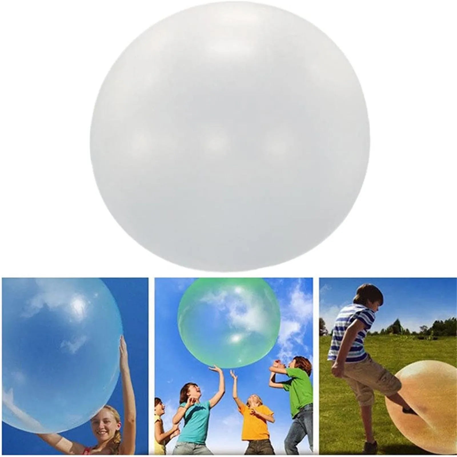 Large pink, yellow, green, and blue inflatable bouncy balls in different sizes for children's parties