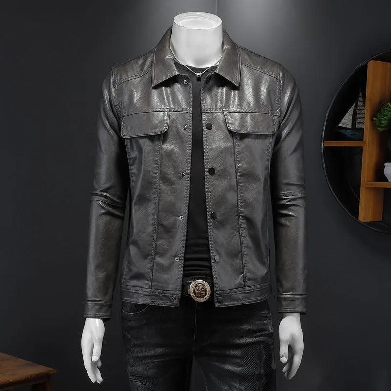 Men's long-sleeved lapel motorcycle PU leather coat in black, regular fit with bag cover slit pockets