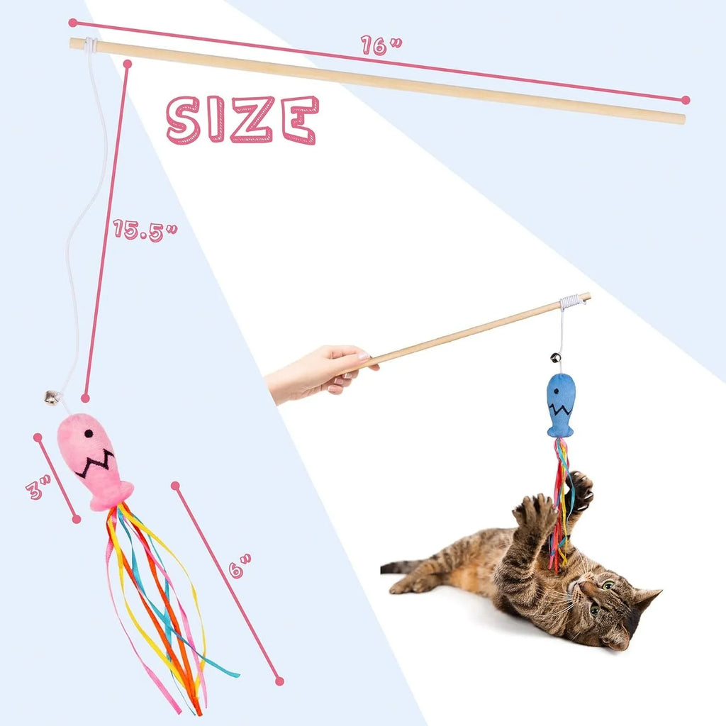 Blue cat wand toy with colourful ribbons, catnip fish, bell, and wooden handle for indoor cats.