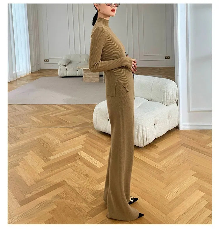 Women's apricot knitted three-piece set with cardigan, sweater, and wide-leg trousers on a hanger.