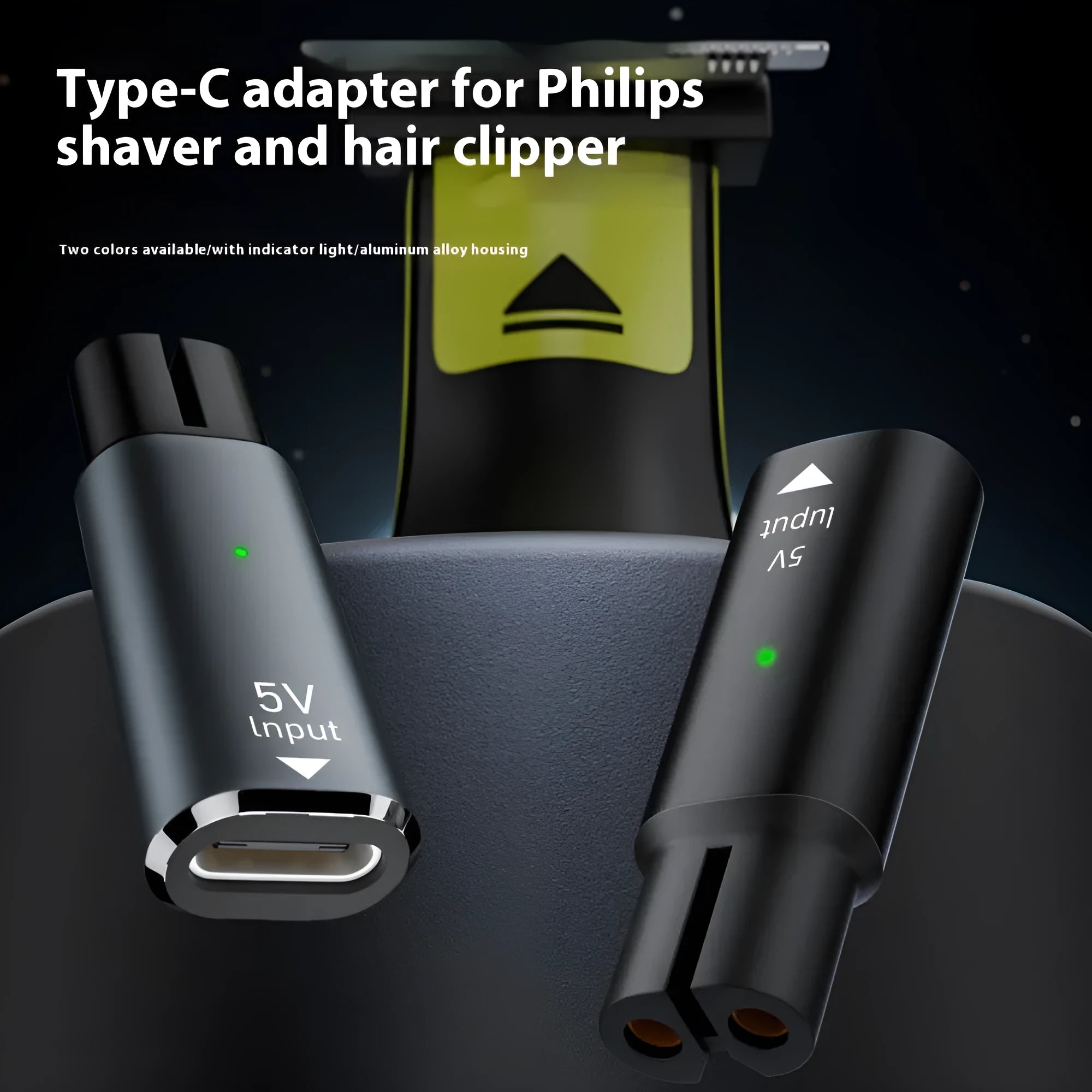 Black USB-C charging adapter for electric shaver with aluminium alloy case.